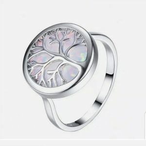 New White Opal Tree of Life Silver Ring.
